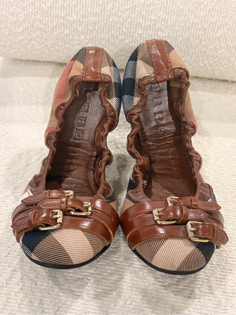 Burberry Signature Novacek Tan & Brown Ballet Flats with Leather Buckle Trim